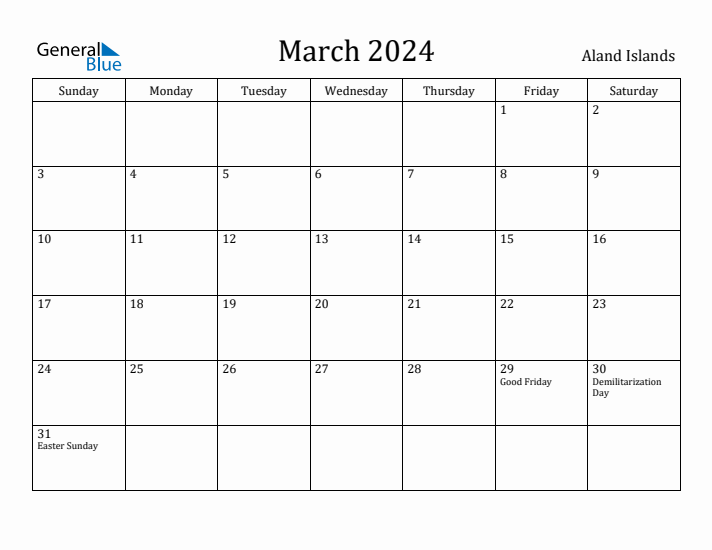 March 2024 Calendar Aland Islands