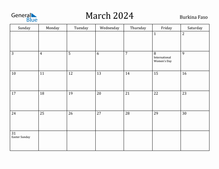 March 2024 Calendar Burkina Faso
