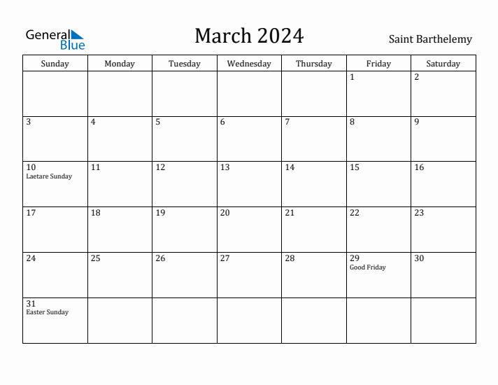 March 2024 Calendar Saint Barthelemy