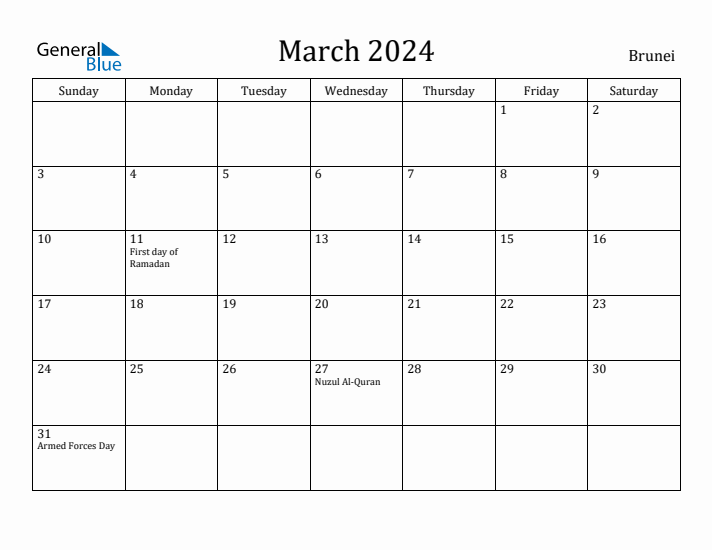 March 2024 Calendar Brunei