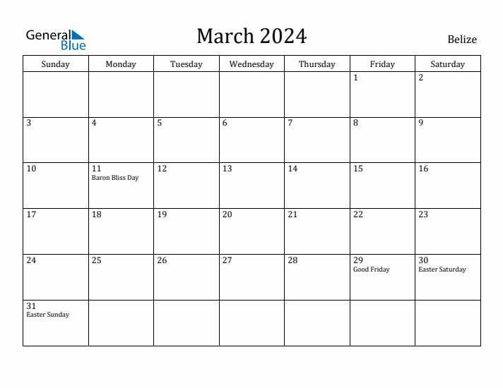 March 2024 Calendar Belize