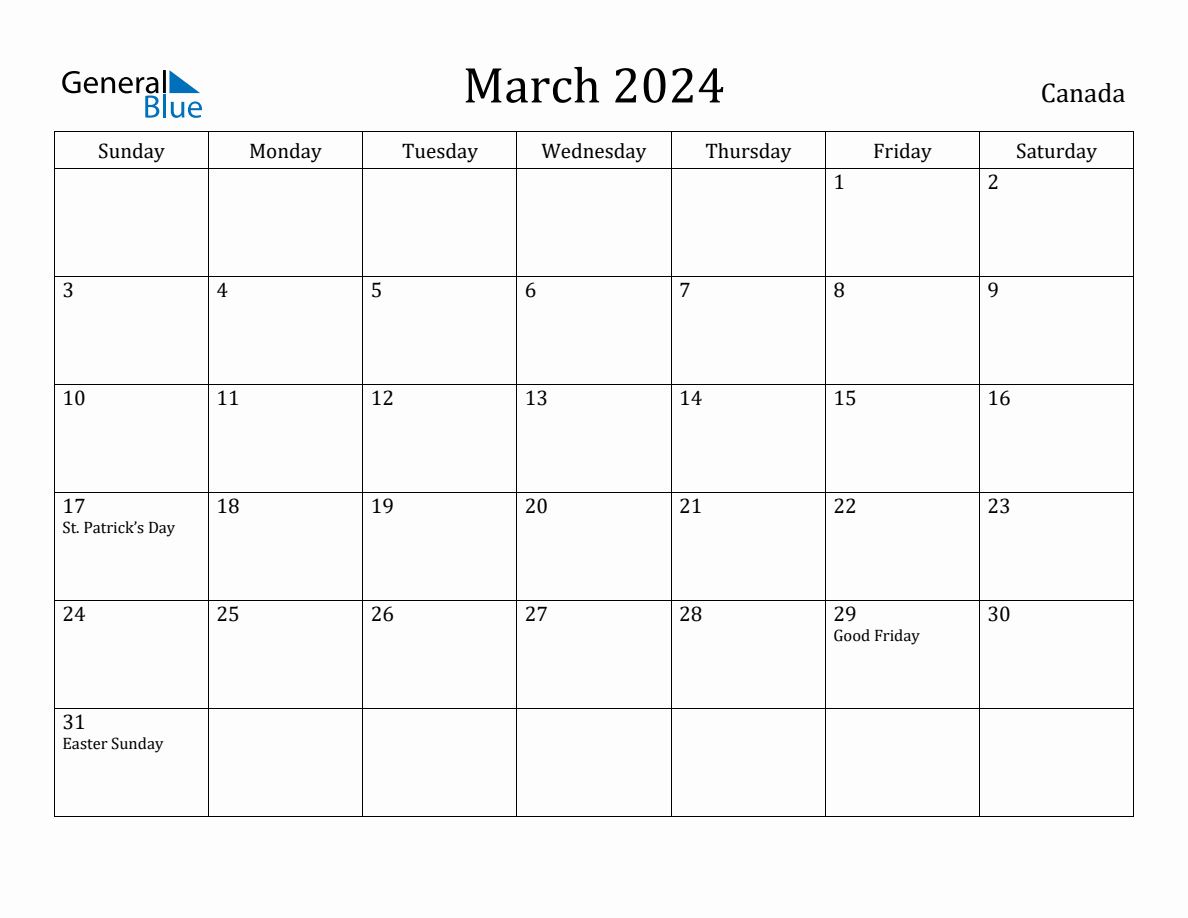 March 2024 Monthly Calendar with Canada Holidays