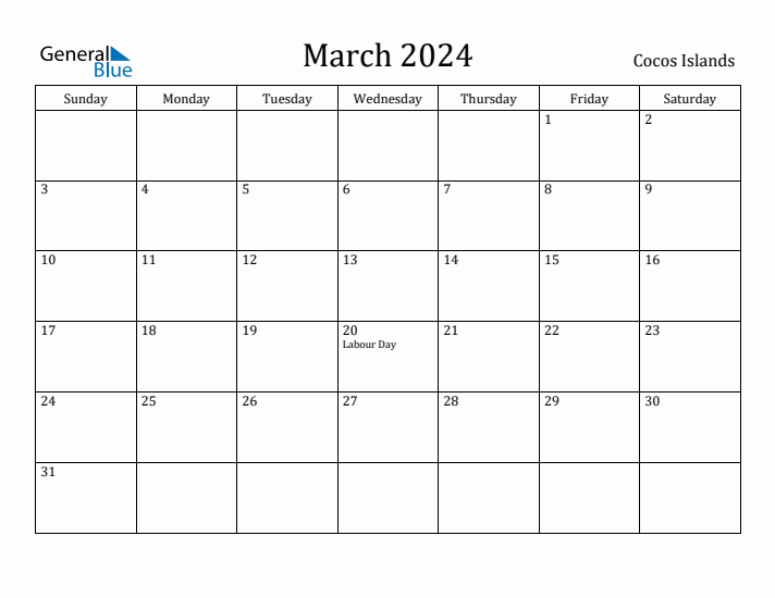 March 2024 Calendar Cocos Islands