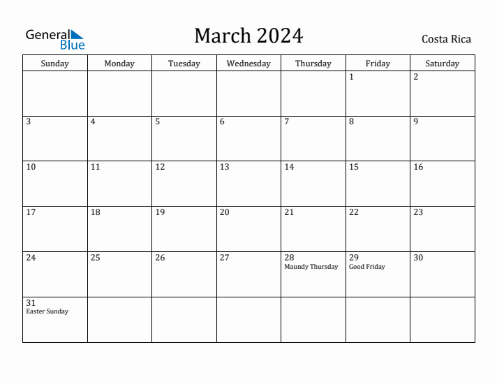 March 2024 Monthly Calendar with Costa Rica Holidays