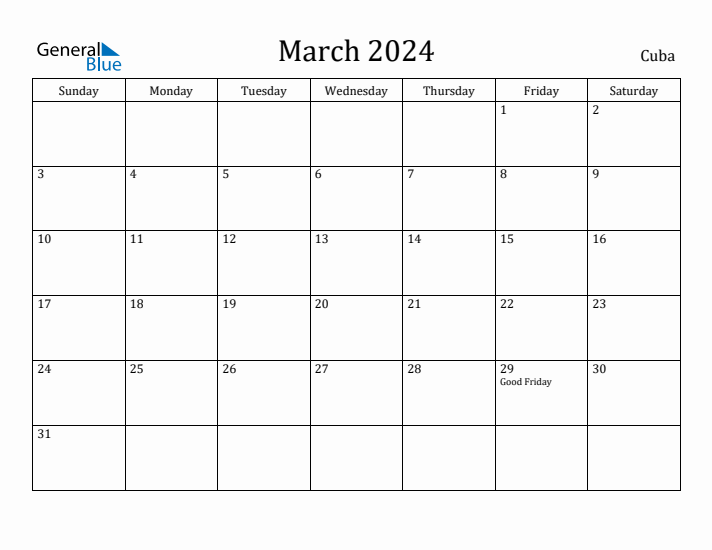 March 2024 Calendar Cuba