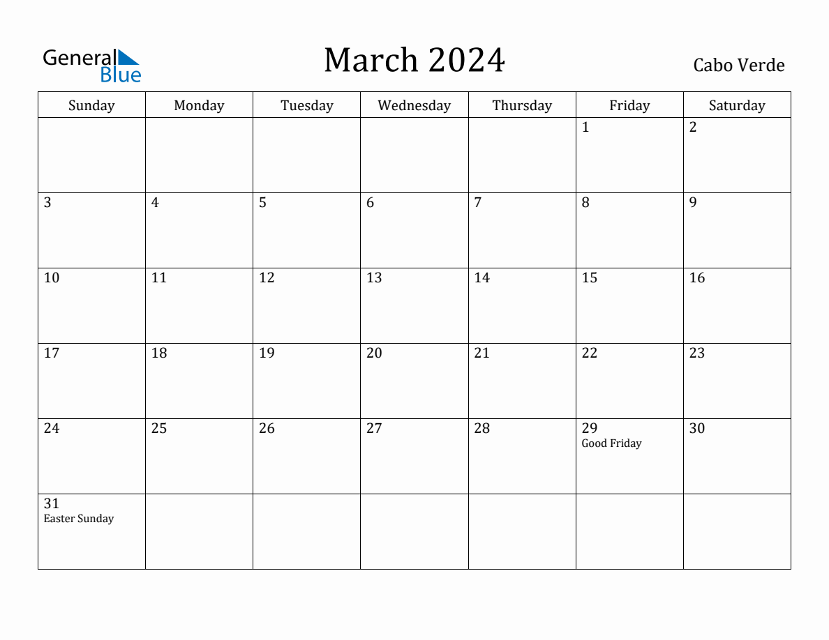 March 2024 Monthly Calendar with Cabo Verde Holidays