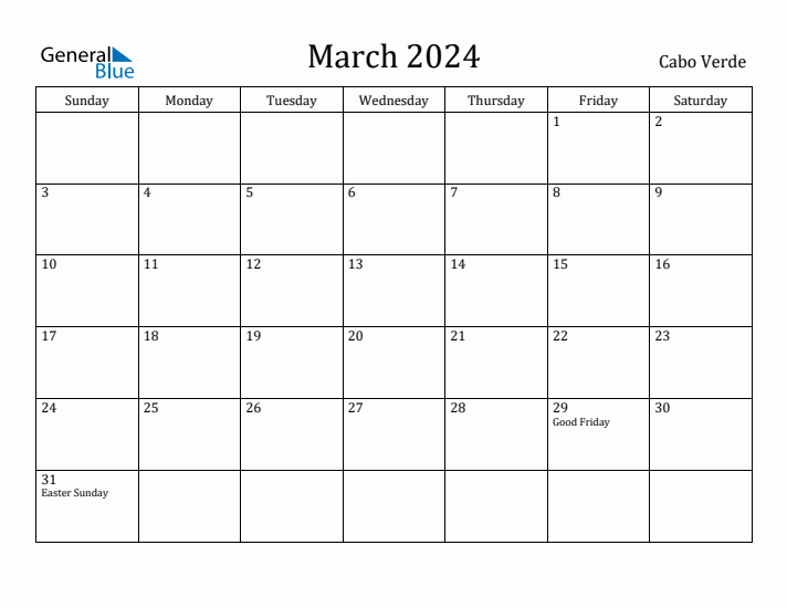 March 2024 Calendar Cabo Verde