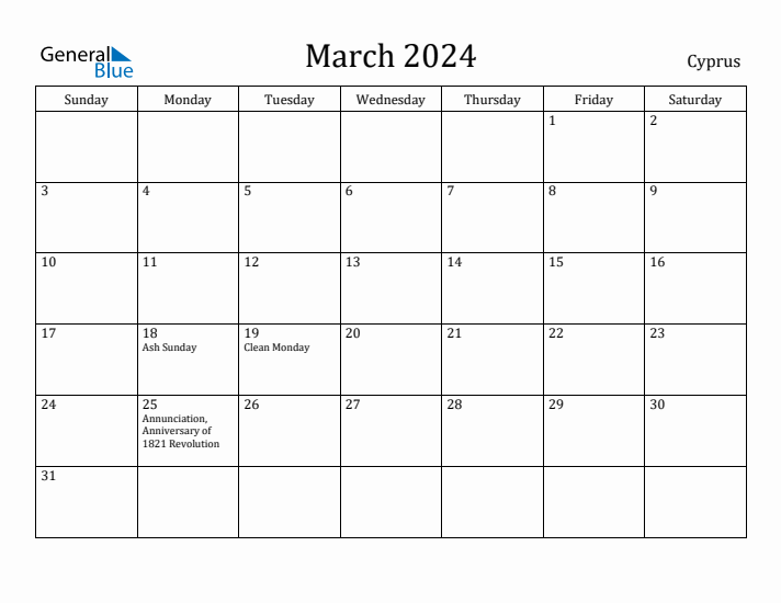 March 2024 Calendar Cyprus