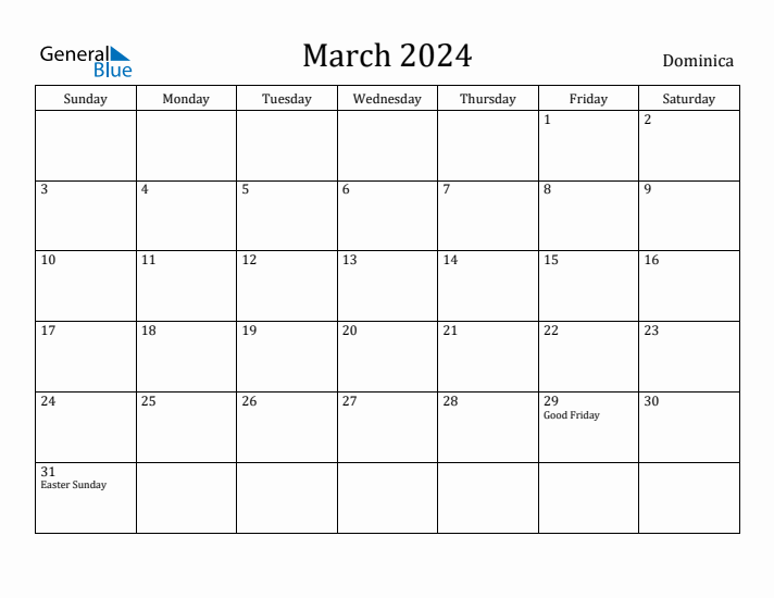March 2024 Calendar Dominica