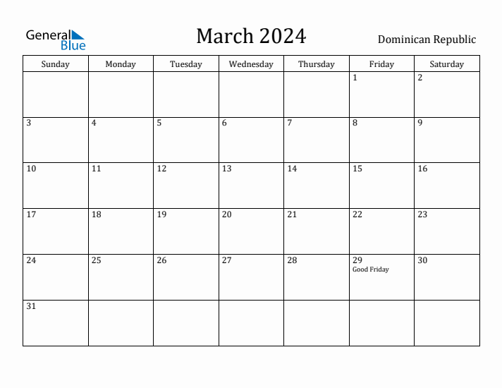 March 2024 Calendar Dominican Republic