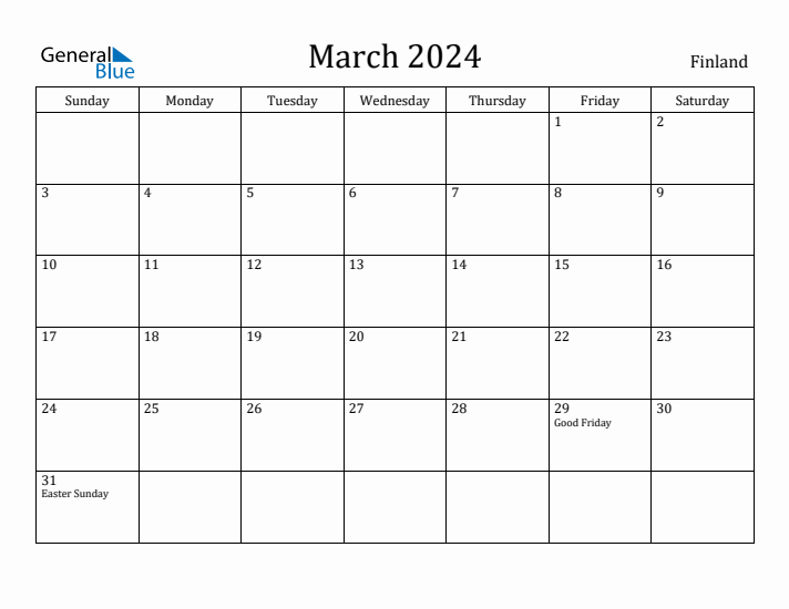 March 2024 Monthly Calendar with Finland Holidays