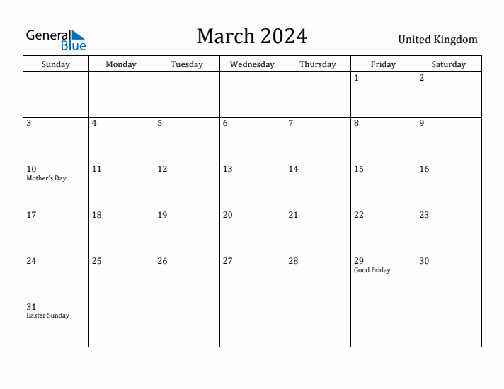March 2024 Monthly Calendar with United Kingdom Holidays