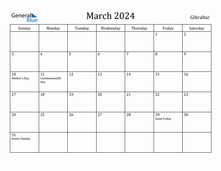 March 2024 Calendar Gibraltar
