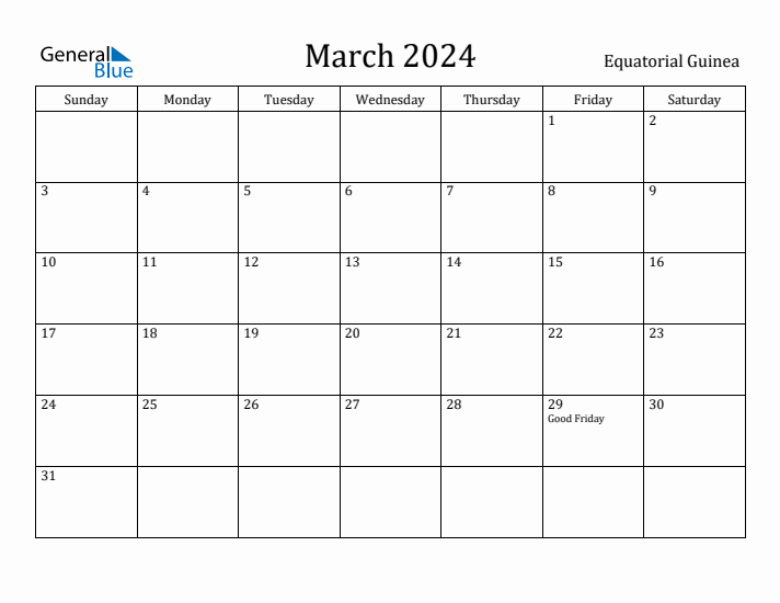March 2024 Calendar Equatorial Guinea