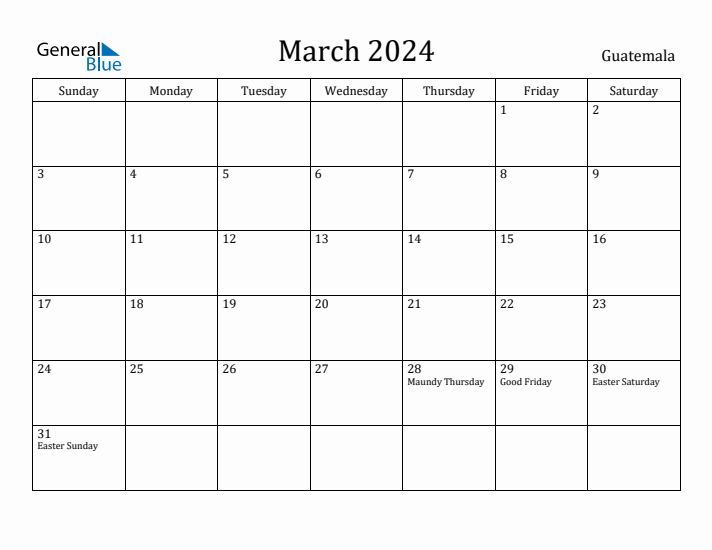 March 2024 Calendar Guatemala