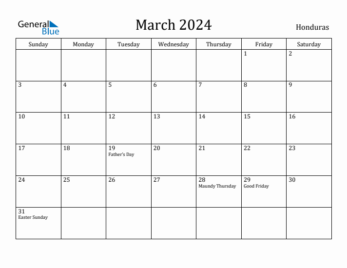 March 2024 Calendar Honduras