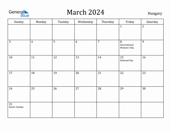 March 2024 Calendar Hungary