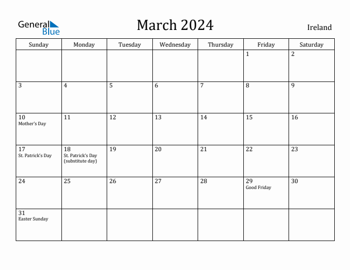 March 2024 Calendar Ireland