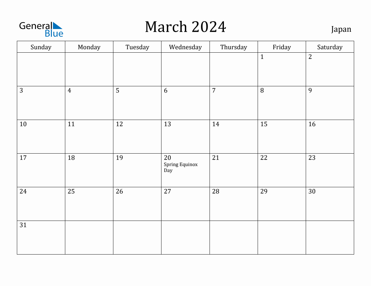 March 2024 monthly calendar with holidays in Japan