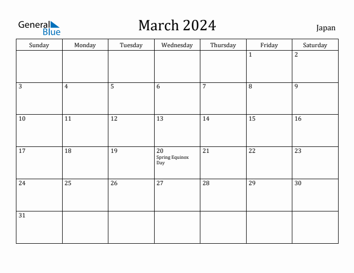March 2024 Monthly Calendar with Japan Holidays