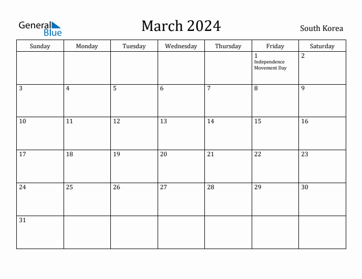 March 2024 Monthly Calendar with South Korea Holidays