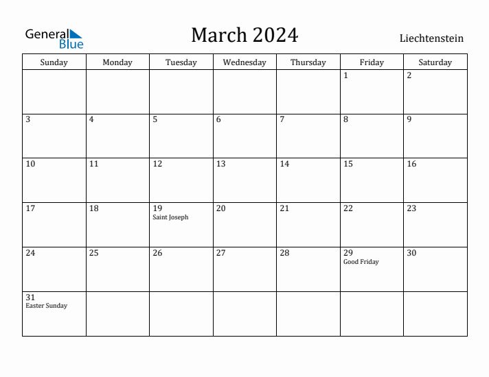 March 2024 Calendar Liechtenstein