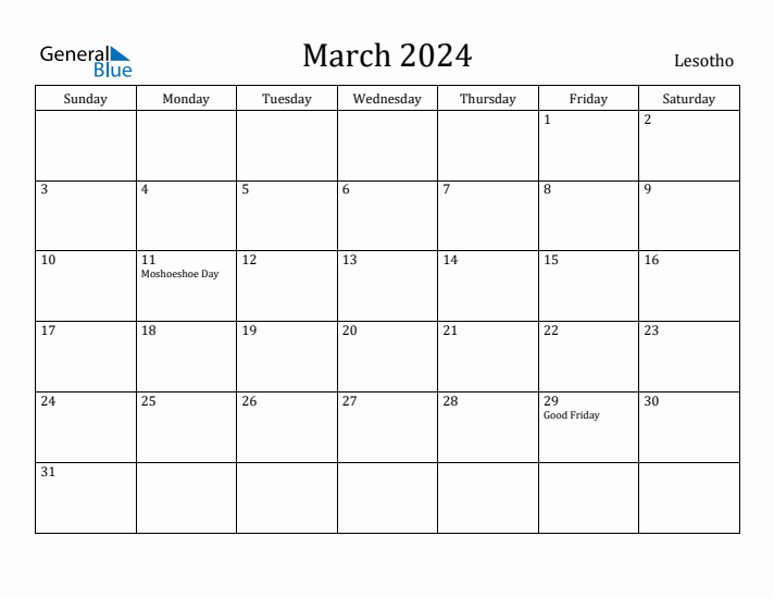 March 2024 Calendar Lesotho