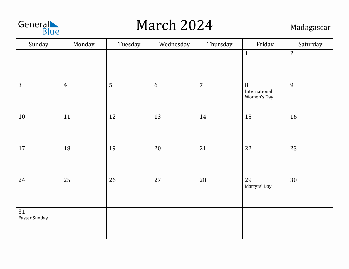 March 2024 Monthly Calendar with Madagascar Holidays