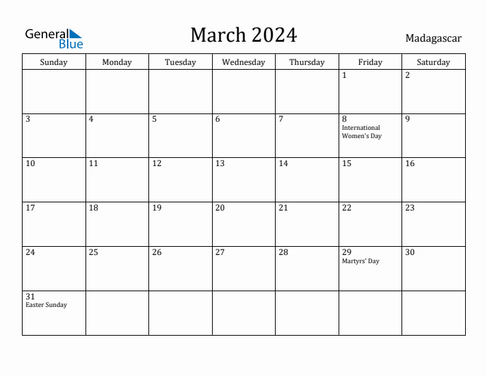 March 2024 Calendar Madagascar