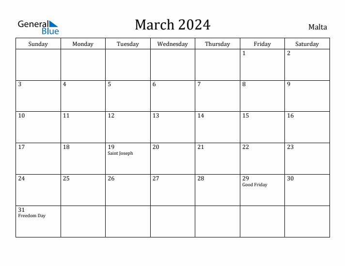 March 2024 Calendar Malta