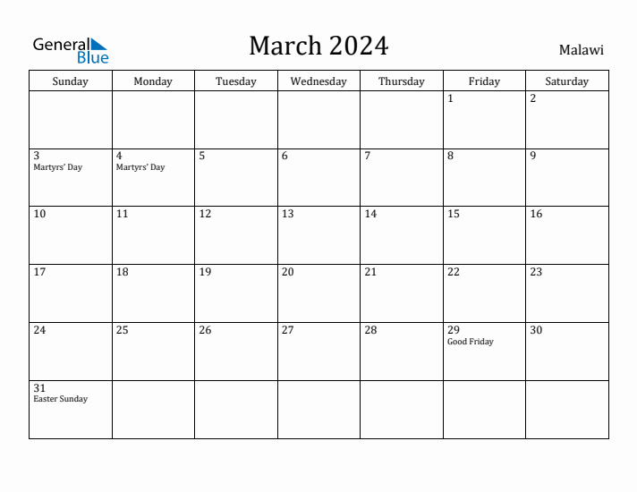 March 2024 Calendar Malawi