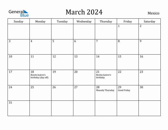 March 2024 Monthly Calendar with Mexico Holidays