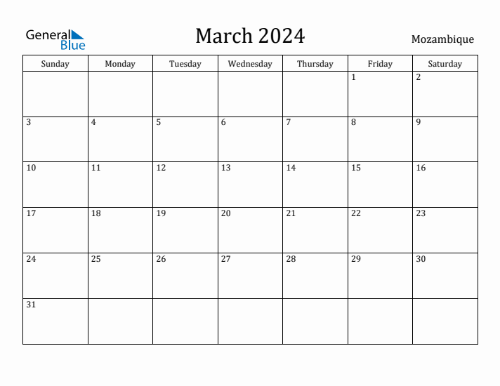 March 2024 Calendar Mozambique