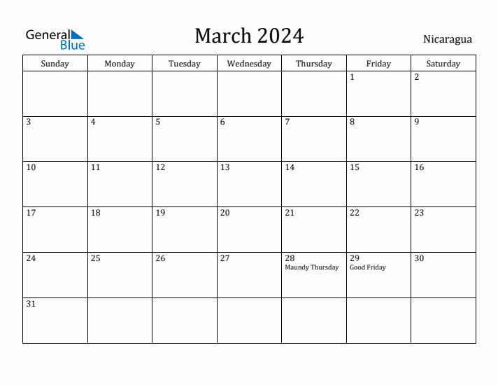 March 2024 Calendar Nicaragua