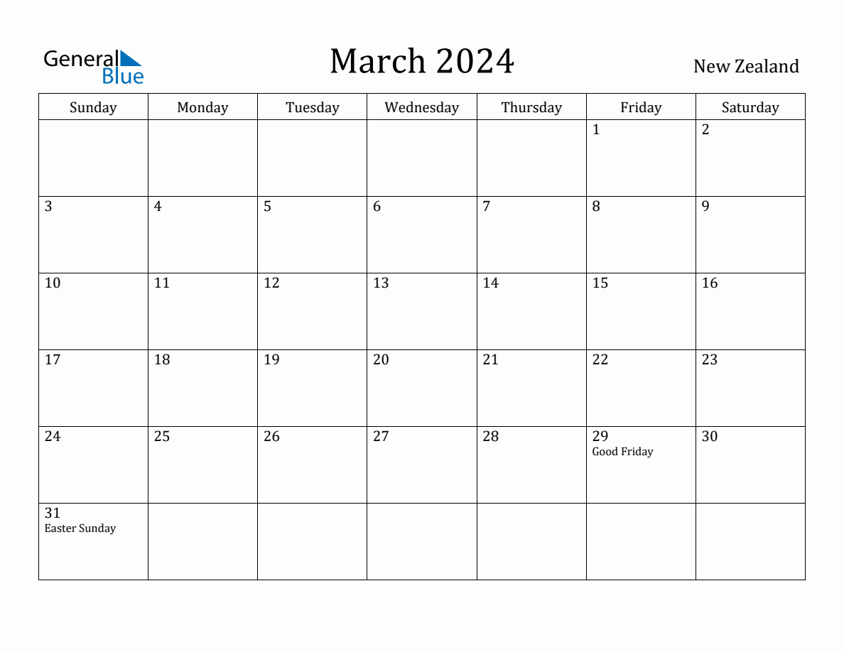 March 2024 monthly calendar with holidays in New Zealand