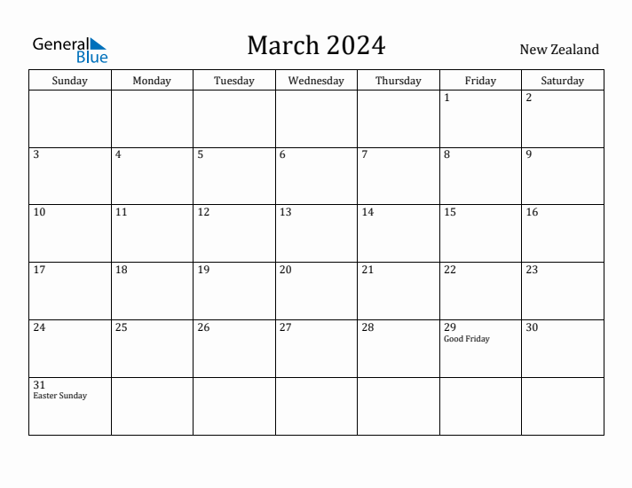 March 2024 Monthly Calendar with New Zealand Holidays