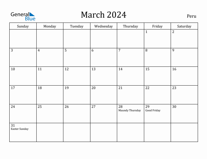 March 2024 Calendar Peru