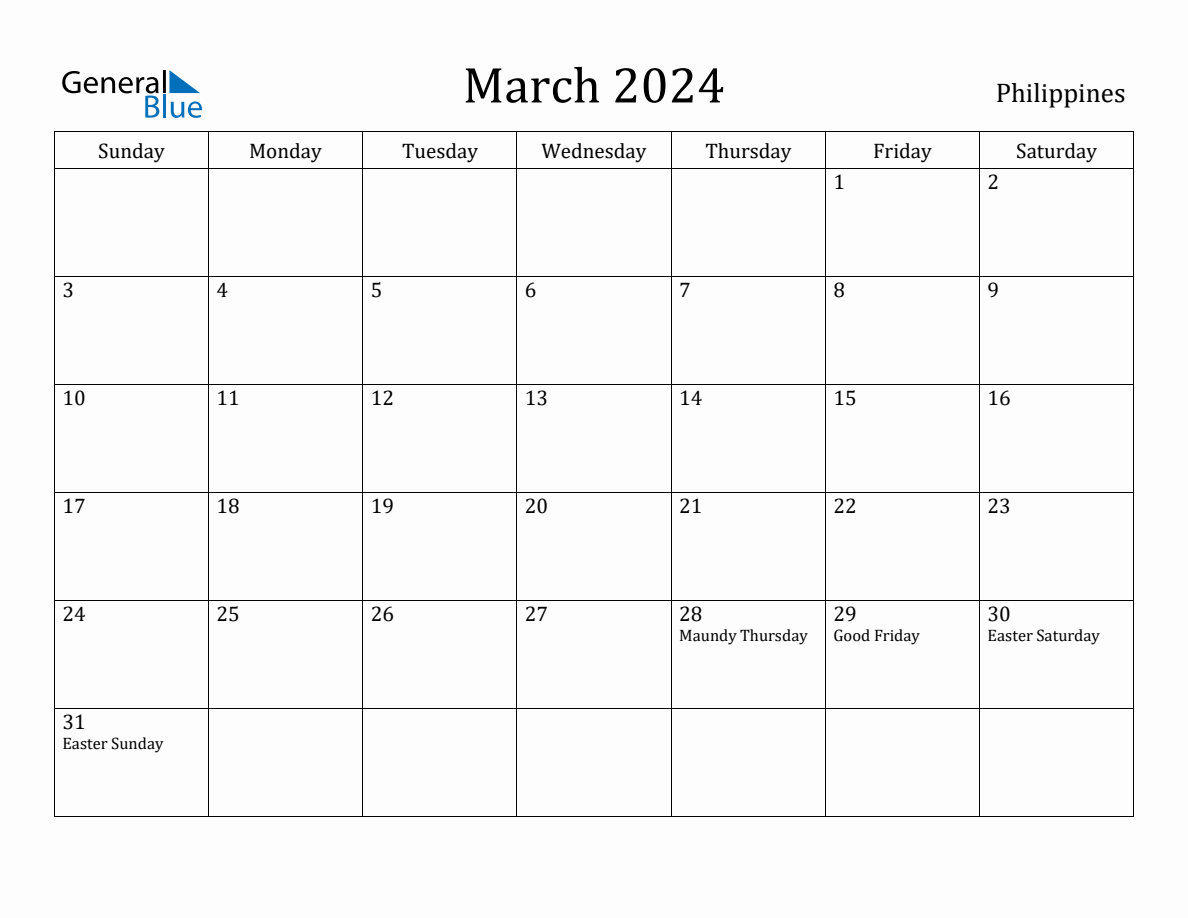 March 2024 Monthly Calendar with Philippines Holidays