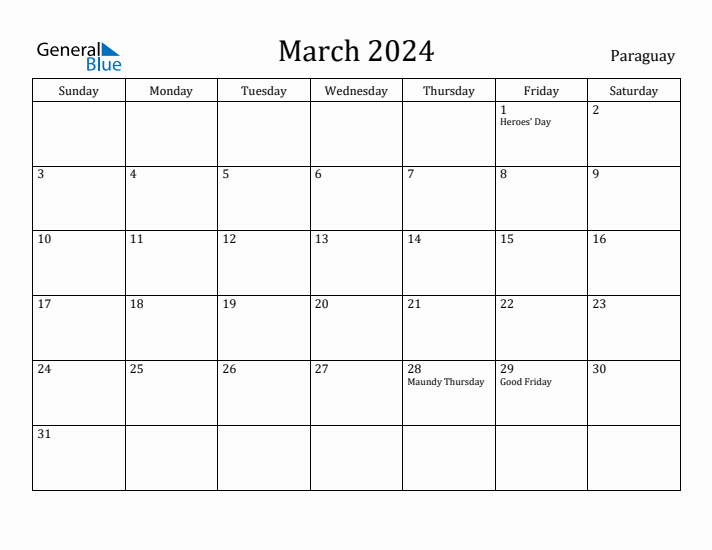 March 2024 Calendar Paraguay