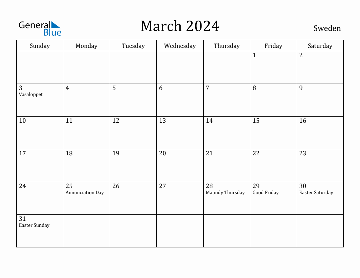 March 2024 Monthly Calendar with Sweden Holidays
