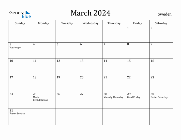 March 2024 Monthly Calendar with Sweden Holidays