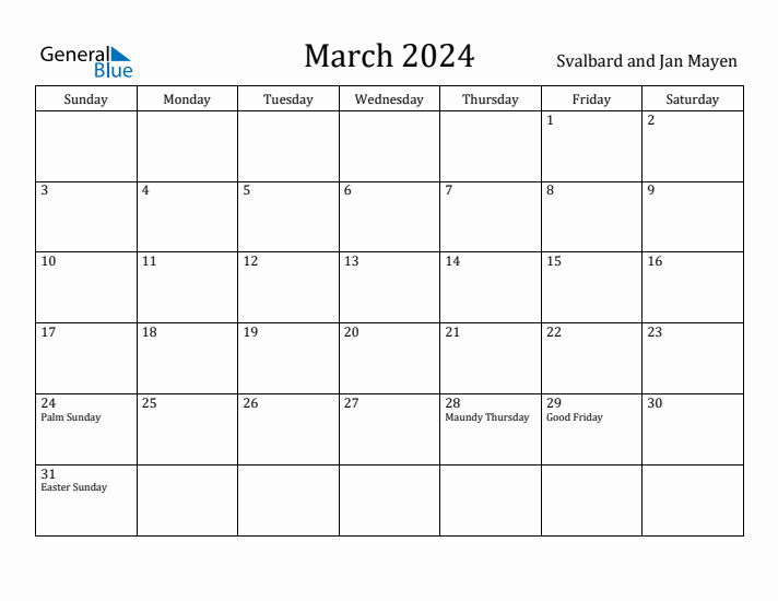 March 2024 Calendar Svalbard and Jan Mayen