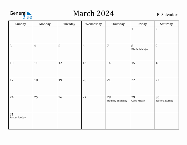 March 2024 Calendar El Salvador