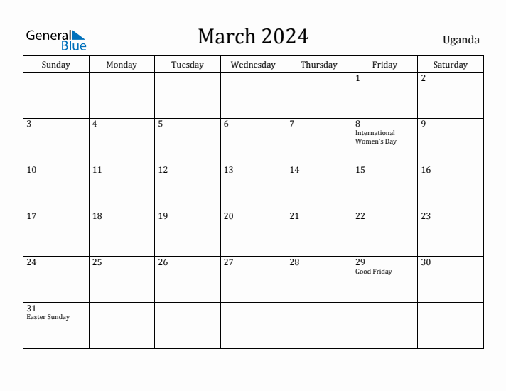 March 2024 Monthly Calendar with Uganda Holidays