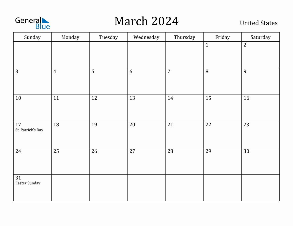 March 2024 monthly calendar with holidays in United States