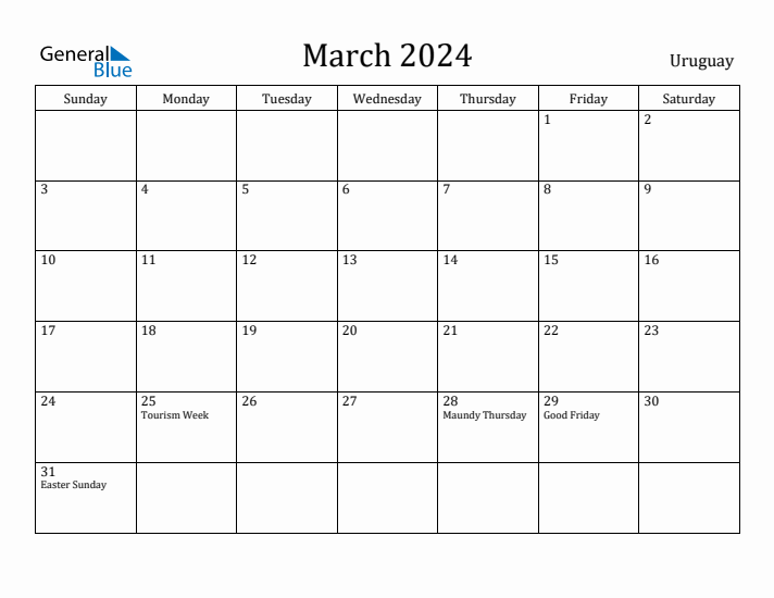 March 2024 Calendar Uruguay