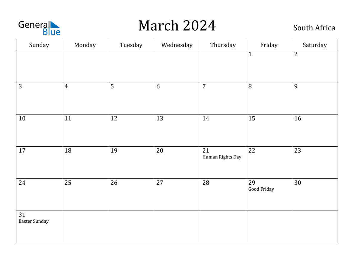 March 2024 monthly calendar with holidays in South Africa