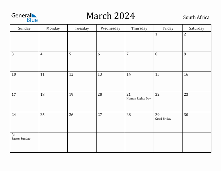 March 2024 Calendar South Africa