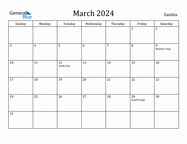 March 2024 Calendar Zambia