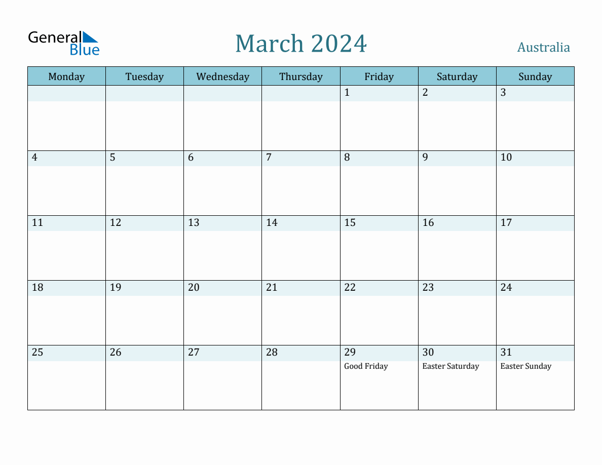 Australia Holiday Calendar for March 2024